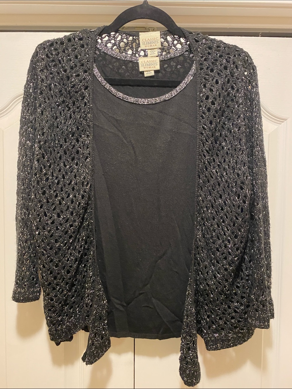 Classic Elements Black Open-Weave Metallic Thread Cardigan with Blouse.